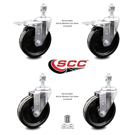 Service Caster 5 Inch Phenolic Swivel 12mm Threaded Stem Caster Total Lock Brake SCC, 2PK SCC-TSTTL20S514-PHR-M1215-2-S-2